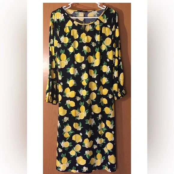 Avon Dresses | Avon Womens Dress Petite Size Small 4/6 Midi Blue/Yellow Lemons | Color: Blue/Yellow | Size: SP | Annas25's Closet